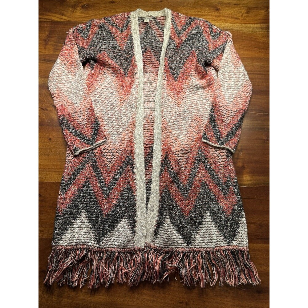 Lucky Brand Chevron Knit Fringe Cardigan Sweater Boho Pink Small S Duster NWOT